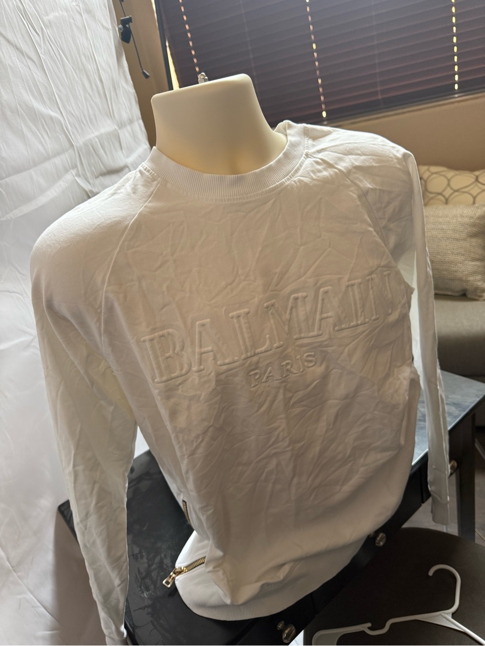 Balmain White Embossed Logo Crewneck Sweater